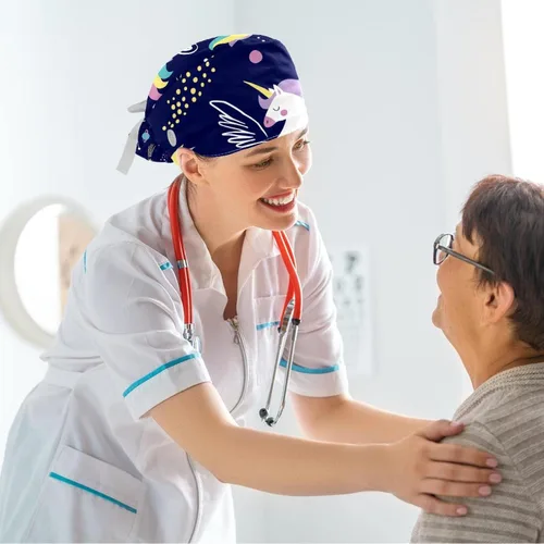 Vista 6 de Adjustable Magical Unicorn Floral Scrub Cap, Working Hat Hair Cover with Ponytail Pouch, Soft Bouffant Surgical Nurse Cap