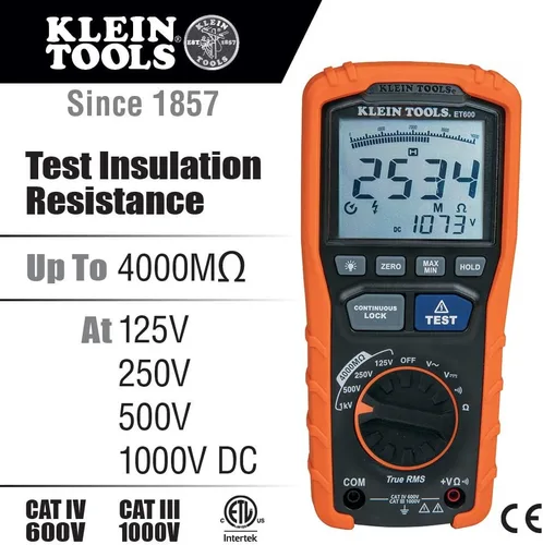 Vista 3 de Klein Tools Multímetro ET600, probador de aislamiento de megohmímetros, resistencia de 4000 ohmios, 125V/250V/500V/1000V, multímetro TRMS de rango