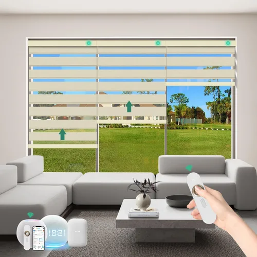 Vista 18 de Persianas motorizadas de cebra con control remoto [doble capa + filtro de luz] Persianas inteligentes 60% opacas para ventanas interiores