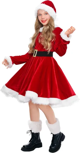 Vista 3 de Vestido de Mamá Noel para niñas, disfraz de Navidad, rojo, terciopelo, 4-10 años