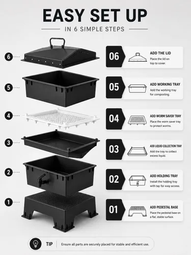 Vista 2 de ® Contenedor de compost de 5 bandejas, modelo clásico, negro mate con bandeja para guardar gusanos gratis Negro mate (matt black)