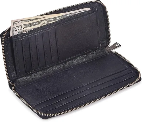 Vista 5 de Zinda Genuine Leathers Cartera con cremallera alrededor de la cartera para mujer con protección RFID, Negro -, Cartera para mujer