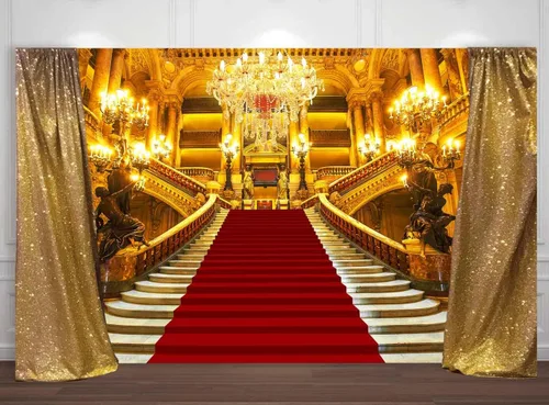Vista 3 de Sensfun Telón de fondo rojo de palacio para fotografía, castillo dorado real, magnífico fondo europeo de fiesta, fondo de vinilo rojo para escenario