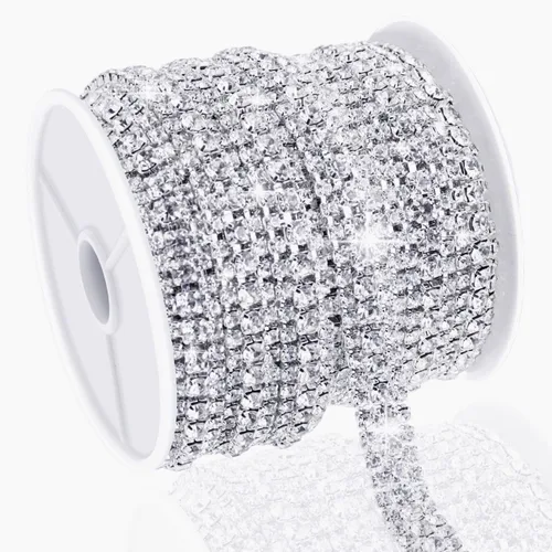 Vista 28 de Cadena de diamantes de imitación de 3 yardas con 3 filas para manualidades, cadena de cierre de diamantes de imitación plateada para hacer joyas