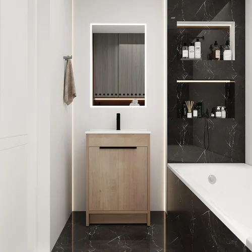 Vista 4 de Juego de tocador de baño independiente con lavabo, armario de almacenamiento moderno de 24 pulgadas con fregadero de cerámica blanca, gabinete