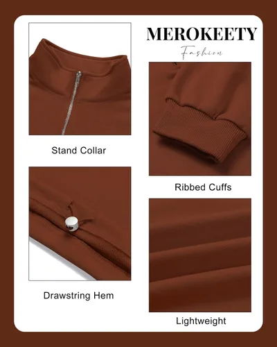 Vista 5 de MEROKEETY Sudadera corta con cremallera de un cuarto para mujer, manga larga, cuello alto, con cordón