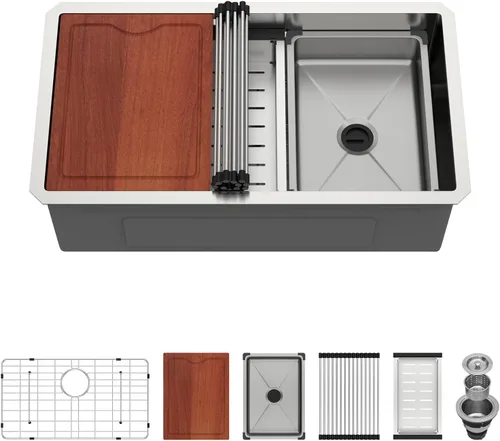 Vista 9 de Fregadero de cocina negro de 12 x 15 pulgadas, fregadero de barra pequeña con estación de trabajo de preparación de barra húmeda, lavabo de acero