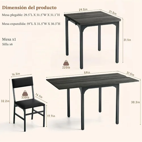 Vista 8 de Juego de mesa de comedor de 7 piezas para 4-6, sillas extensibles para mesa de cocina, juego de 6 con 6 sillas, mesa de comedor rectangular
