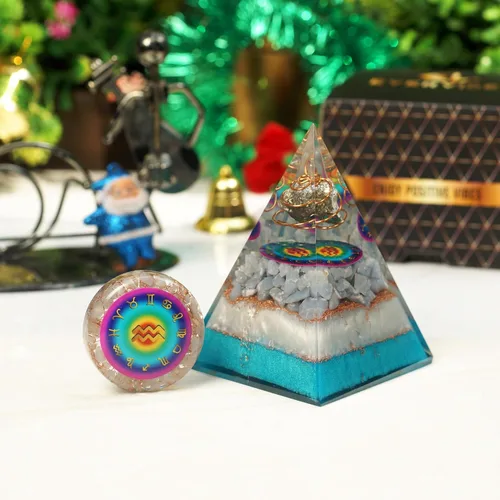 Vista 2 de Juego de pirámide de orgón y piedra de palmera de horóscopo, cristal curativo de acuario, signo del zodiaco, hecho de pirita y angelita para calma