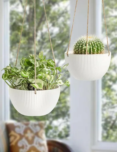 Vista 4 de UBEE Macetas colgantes de cerámica para interiores y exteriores, maceta colgante de 7.5 pulgadas + 6.5 pulgadas para plantas, cesta colgante