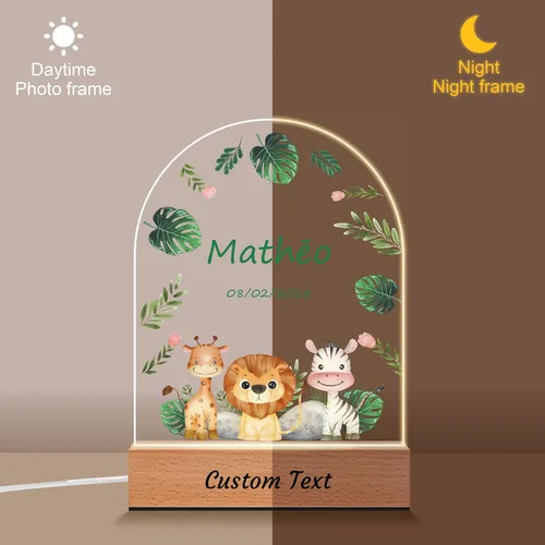 Vista 9 de Regalos personalizados para bebés para niños, animales de la selva de safari placa acrílica personalizada con nombre de luz nocturna, baby shower