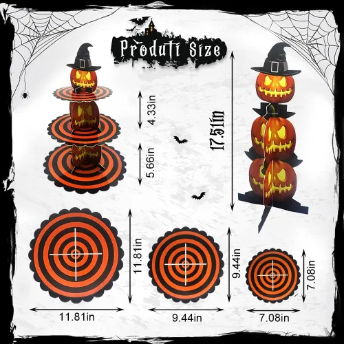 Vista 2 de Soporte para cupcakes de Halloween de 3 niveles para mesa de postre, torre de calabaza, bandeja de cartón naranja para 24 cupcakes, decoraciones