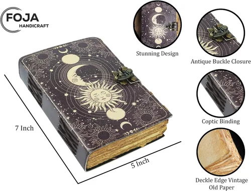 Vista 7 de Sun & Moon - Diario vintage de cuero para hombres y mujeres, 200 páginas de papel vintage antiguo hecho a mano, cuaderno de bocetos de cuero, diario
