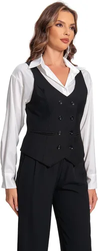 Vista 6 de Foucome Chaleco de traje para mujer con doble botonadura con cuello en V a la moda, elegante chaleco casual para mujer