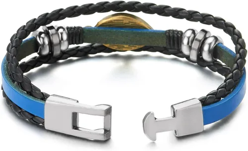 Vista 5 de COOLSTEELANDBEYOND Pulsera de tres filas de cuentas de cuero contra el mal de ojo para hombre y mujer