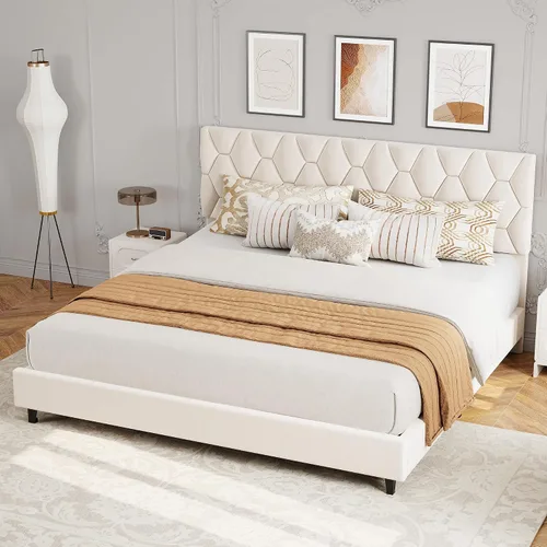 Vista 14 de GAOMON Base de cama tapizada tamaño individual, color beige, base de cama de plataforma resistente con cabecera tapizada y listones de madera