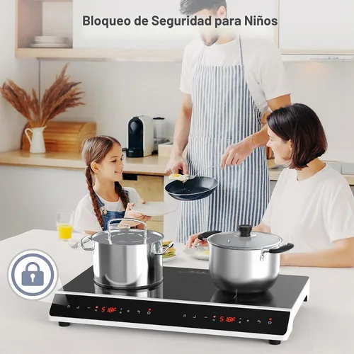 Vista 9 de GIHETKUT Placa de cocción de doble inducción, 4000 W, 2 quemadores, placa de inducción con pantalla táctil LED, 10 niveles de ajustes con bloqueo