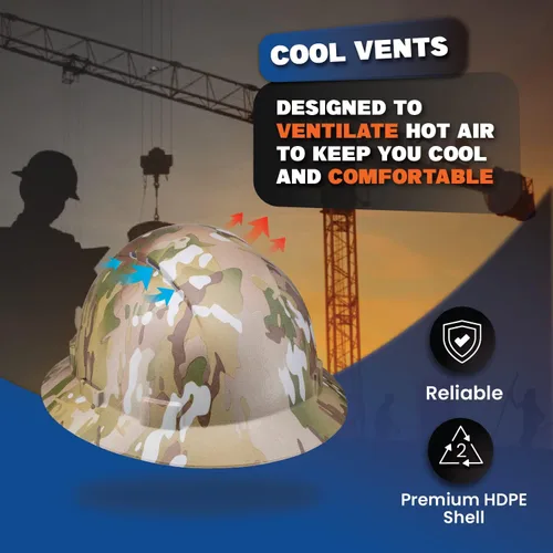 Vista 6 de Casco de construcción OSHA de ala completa con diseño camuflaje ventilado de acabado mate, suspensión de 6 puntos
