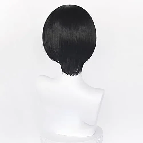 Vista 2 de PWEINCY Peluca de cabello corto y recto negro para mujeres y hombres, para cosplay de Mikasa Ada Wong, para fiesta de anime, disfraz de Halloween