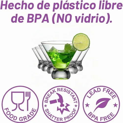 Vista 2 de Amazing Abby - Olivia - Juego de 6 vasos de Martini de plástico sin tallo de 10 onzas, vasos de cóctel reutilizables, sin BPA, irrompibles, aptos