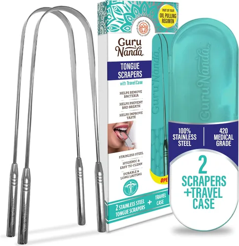 Vista 17 de GuruNanda Raspador de lengua para niños (paquete de 2) con estuche de viaje, acero inoxidable, ayuda al aliento fresco, limpiador de lengua apto