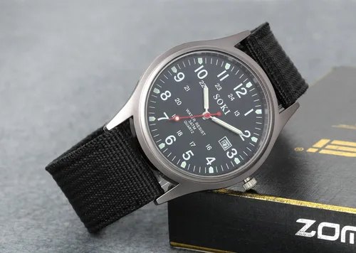 Vista 2 de Lancardo Simplicity - Reloj analógico de cuarzo con banda de nailon tejida con mano luminosa, hora militar 24H (negro), Reloj de cuarzo