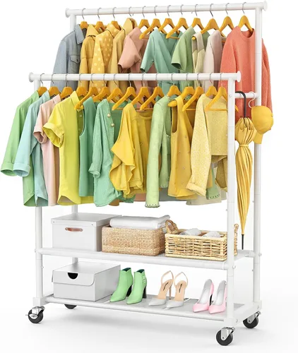 Vista 8 de Perchero de doble barra para colgar ropa, perchero de ropa resistente con ruedas, percheros de ropa independientes con estante inferior Oxford