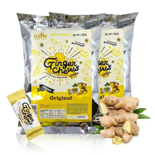 Vista 19 de Fusion Select Ginger Chews - Delicias dulces y confitadas suaves de Indonesia - Promueven el alivio de las náuseas matutinas, malestar estomacal