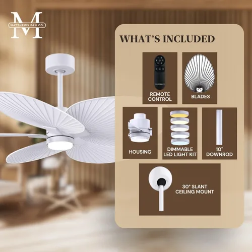 Vista 3 de Matthews AKTPLK-MWH-MWH Alessandra Tropical Wet Rated 48" Outdoor Ceiling Fan with Light and Remote, Silent DC Motor, 3 Palm Leaf ABS Blades, Matte