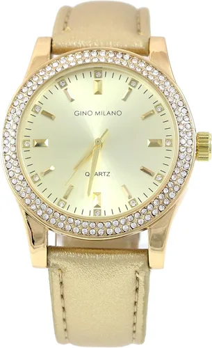 Vista 3 de Reloj de pulsera de cuero dorado para mujer y cartera de tres pliegues a juego