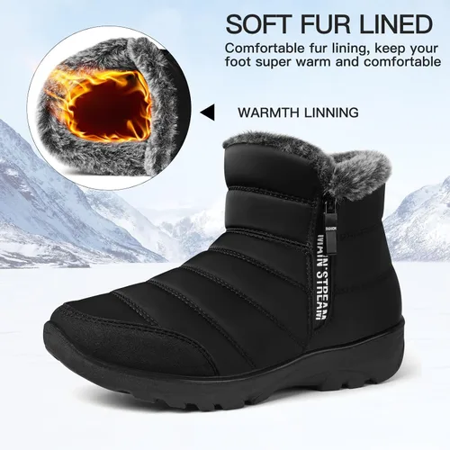 Vista 4 de SHIBEVER Botas de nieve de invierno para mujer botas cálidas con forro de piel impermeable para caminar al aire libre, cómodas botas de tobillo