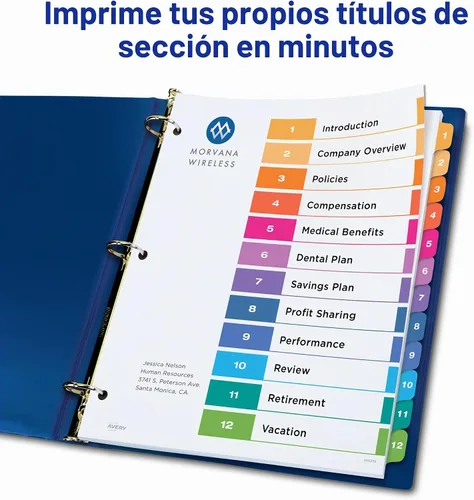 Vista 2 de Avery Separadores de 12 pestañas para carpetas de 3 anillas, índice personalizable, pestañas multicolor, 6 juegos (11196)