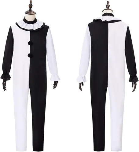 Vista 3 de AwwwCos Disfraz de payaso para cosplay, color blanco y negro, para fiesta de Halloween, carnaval, ropa divertida