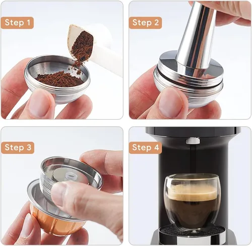 Vista 4 de Cápsulas Vertuo Reutilizables de Acero Inoxidable Compatibles con VERTUO NEXT+RECARGA+Alumin-VERTUO-Pods-80+150+230ml Cada 2 Piezas +Tamizador