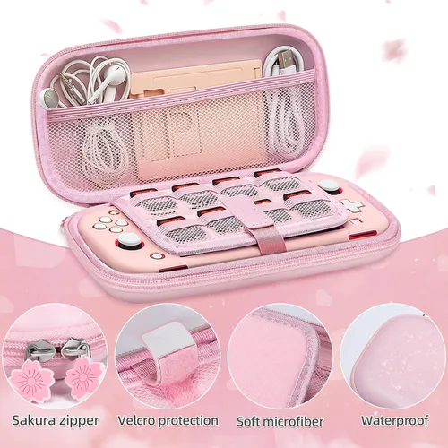 Vista 3 de BRHE Kit de accesorios para estuche de transporte de viaje rosa para Switch Lite, funda protectora dura con soporte, protector de pantalla