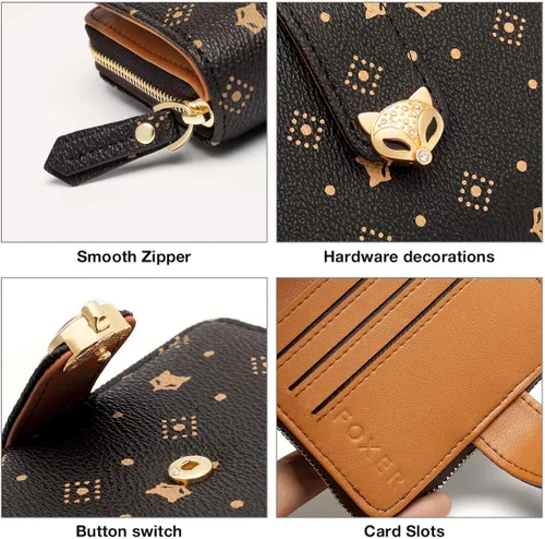 Vista 5 de FOXLOVER Carteras plegables de moda para mujer, monederos de mano para mujer con bolsillo con cremallera, caja de regalo para tarjetas de crédito