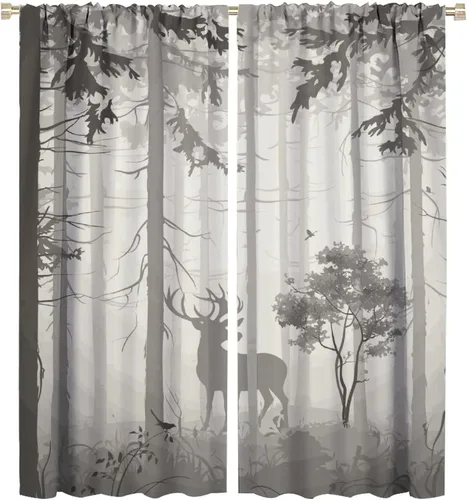 Vista 41 de Cortinas opacas con diseño de ciervos, bosque brumoso, rústico, vida silvestre, alce, montaña, pájaros, pino, bosque, cortinas de ventana