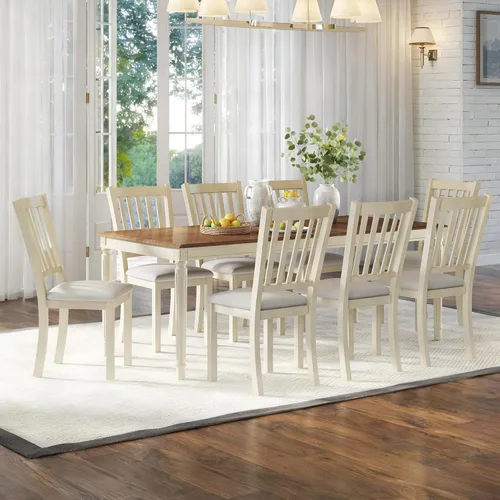 Vista 13 de AMERLIFE Mesa de comedor de granja de 79 pulgadas para 6 a 8, mesa de comedor rectangular grande de madera maciza con patas cónicas romanas, mesa