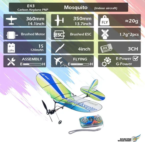 Vista 7 de Avión E43 Mosquito RTF RC para adultos, micro EPP RC Avión de espuma de 14.1 pulgadas, 2.4GHz 3CH Slow Flyer para mosca