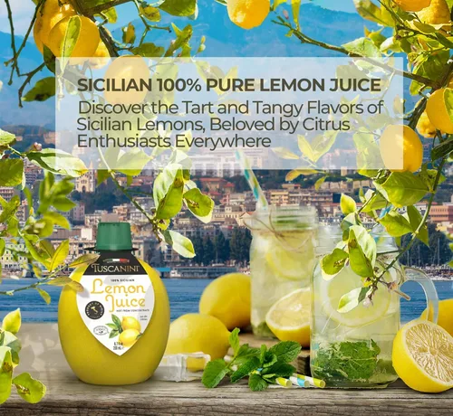 Vista 2 de Tuscanini 100% jugo de limón siciliano, no de concentrado, botella de 6.7 onzas en forma de limón conveniente Sin agua añadida Producto