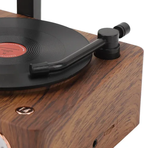 Vista 9 de Altavoz de tocadiscos vintage, tocadiscos portátil de grano de madera, altavoz Bluetooth con bocina de cobre, función de radio FM, diseño compacto