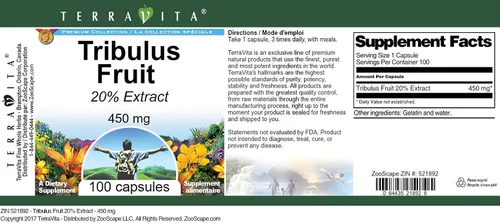 Vista 3 de TerraVita Tribulus Fruta 20% - 450 mg (100 Cápsulas, ZIN: 521892)