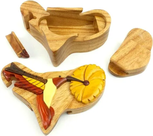 Vista 4 de Hummingbird & Flower - Caja de rompecabezas de Intarsia de madera natural, hecha a mano con compartimento secreto