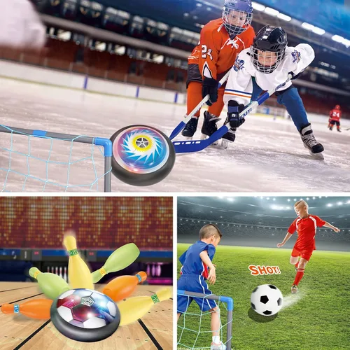 Vista 5 de HopeRock Juego de bolos de hockey hover 3 en 1, juguetes para interiores y exteriores para niños de 3 a 12 años, juguetes exteriores con luces LED