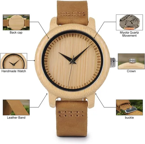 Vista 12 de BOBO BIRD Reloj de madera de bambú para hombre y mujer con correa de cuero de vaca marrón, relojes casuales de cuarzo analógico
