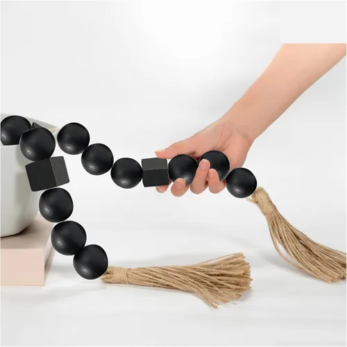 Vista 197 de OMISHE Guirnalda de cuentas de madera extra grande con cuentas de madera y borlas de 1.6 pulgadas de diámetro, cuentas decorativas rústicas de 41