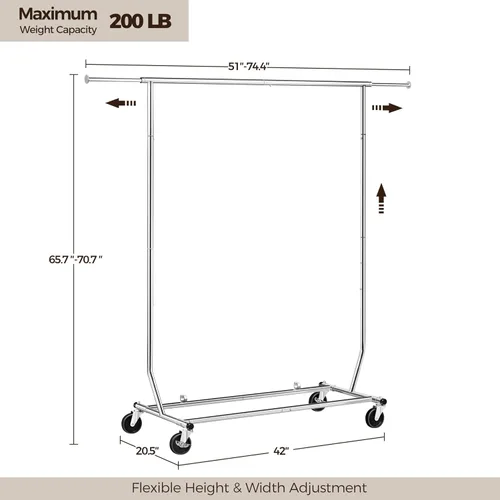 Vista 3 de Yaheetech Percheros de ropa comercial con ruedas, barra individual de grado ajustable, altura ajustable, perchero con ruedas para colgar ropa