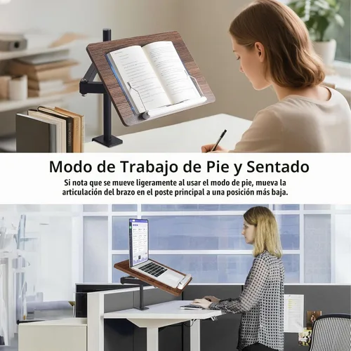 Vista 6 de Soporte de libro ajustable con soporte de abrazadera de escritorio, soporte de lectura de madera con brazo de metal, negro