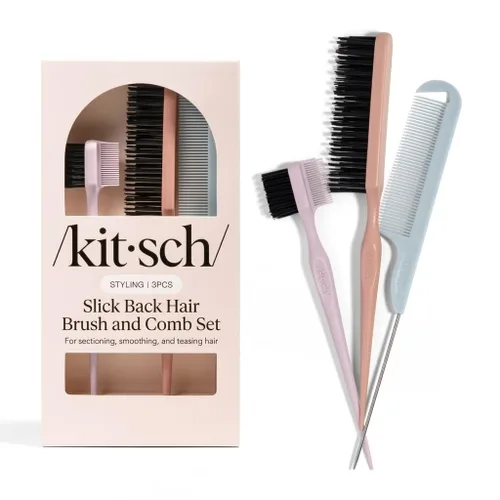 Vista 3 de Kitsch Cepillos para el cabello de doble cara con control de bordes para mujer, cepillo de borde con cerdas de nailon suaves, para flequillo, línea