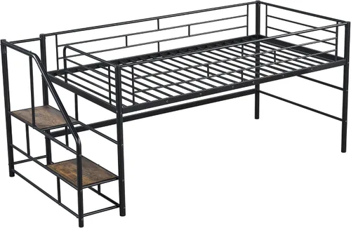 Vista 5 de Merax Base de cama baja de metal con barandillas de longitud completa, fácil de montar, color negro